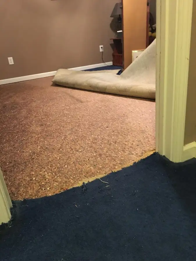 Carpet pad removal revealing water damage during Drying & Dehumidification in Fishkill